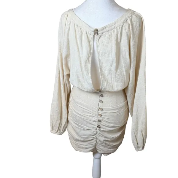 Free People Mini Dress XS Cream Gauzy‎ Boho Peasant Ruched Buttons Neutral NWT - Image 8
