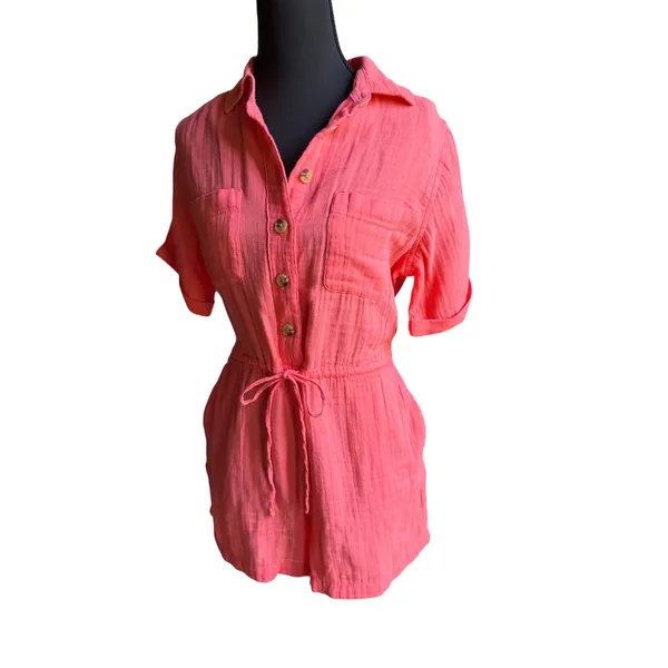 Old Navy XS Petite Coral Double Gauze Romper 100% Cotton Button Front Pockets - Image 2