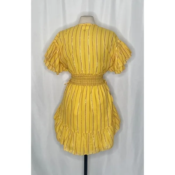 SAYLOR Yellow Metallic Striped Dress Fluttery Smocked Mini Gold Party Medium - Image 8