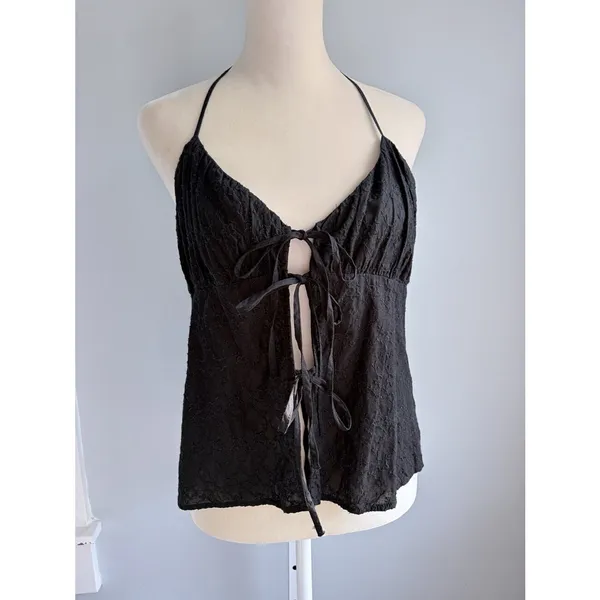 Zara Black Floral Embroidered Halter Crop Top Tie Front Whimsigoth M - Image 2