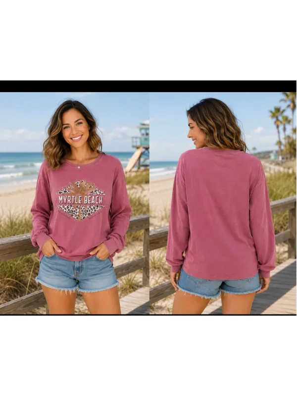 Women's Comfort Colors Long Sleeve Tee L Pink Leopard Myrtle Beach - Image 2