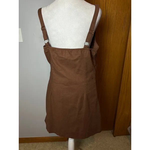 Commense Brown Cotton Linen Ruched Draped Mini Dress Boat Neck NWT Size L - Image 2