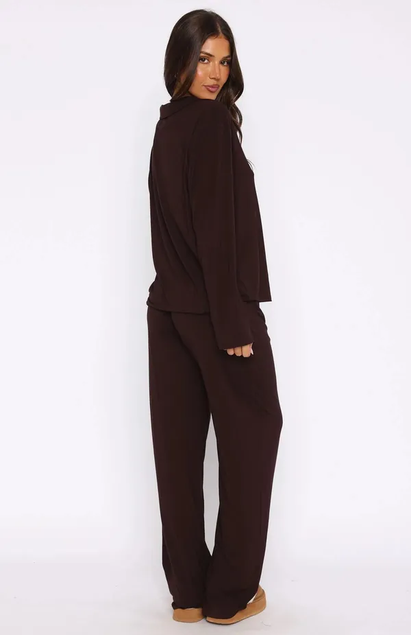 White Fox Boutique Chocolate Brown Cozy Soft Pillow Talk Long Sleeve Pyjama PJ Set - Image 4