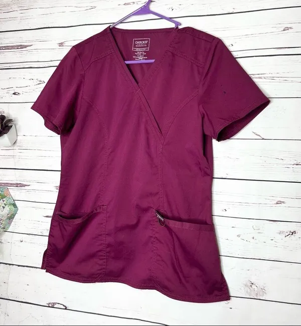 Cherokee Workwear Mock Wrap Medical Scrubs Top Burgundy Wine Size Small - Image 10