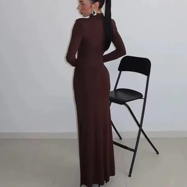 Long Sleeve Cutout Maxi Dress in Dark Brown - Image 2