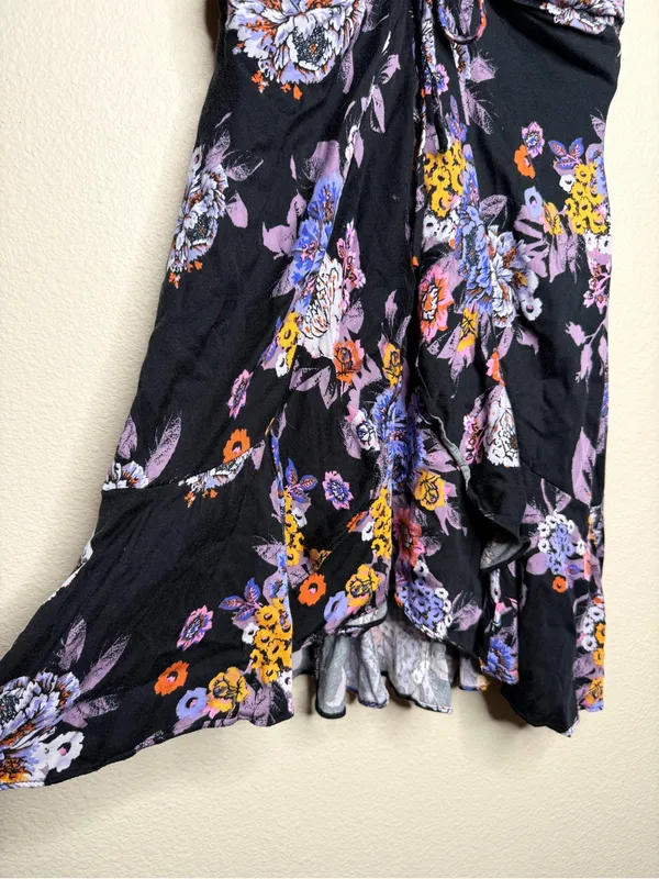 Free People Women Happy Heart Floral Mini Dress S Black Purple Ruched Tie Front - Image 6