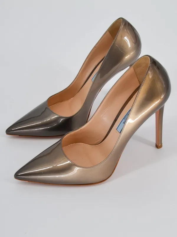 Prada Ombre Patent Leather Pointed Toe Pumps Grey Tan Bronze 37 - Image 4