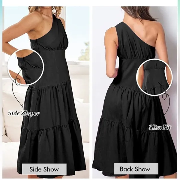 Summer Casual Dress 1 Shoulder Midi Dress Sleeveless Ruffle Hem Flowy Long M - Image 3