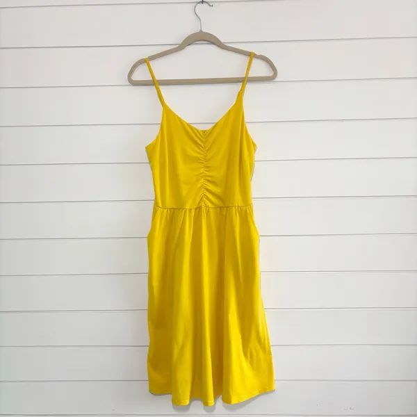 Yathon Yellow Ruched Front Midi‎ Sundress with Spaghetti Straps Size L - Image 3