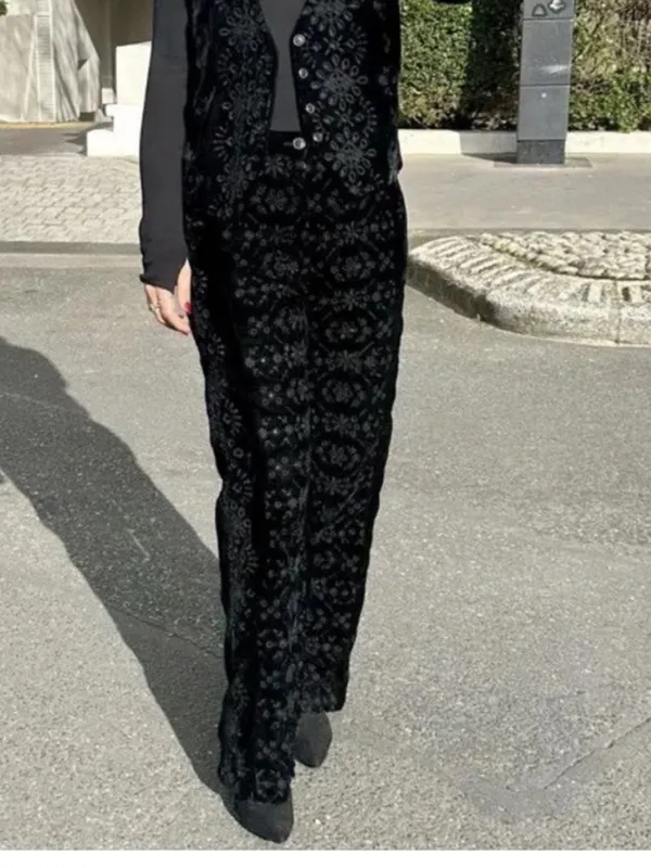 Zara Alina Black Velvet Embroidered Eyelet Wide Leg Contemporary Pant Trousers M - Image 11