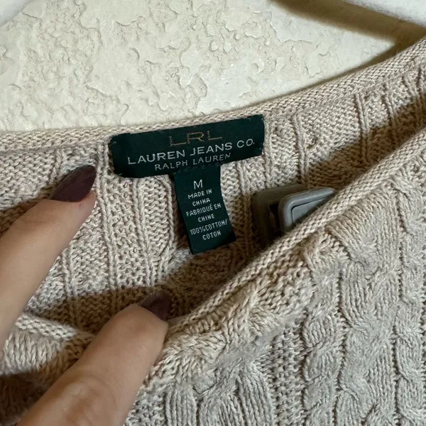 Y2K‎ Lauren Ralph Lauren Cable Knit Delicate Sweater Sz Medium Oat Tan Heathered - Image 2