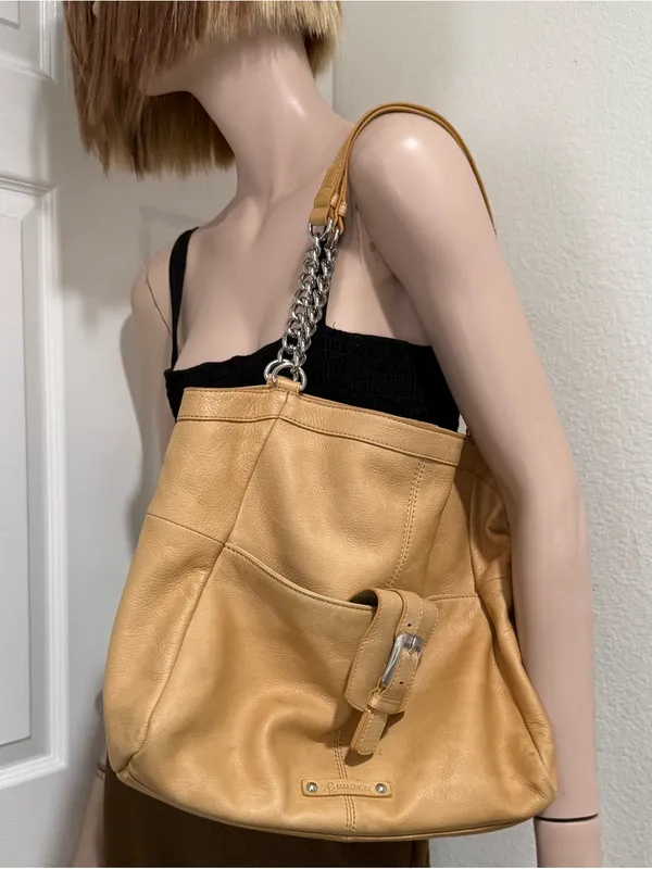 B. MAKOWSKY Beige Tan Pebbled Leather Chain Strap Tote Shoulder Bag - Image 5