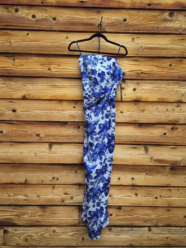 NWT Adrianna Papell Aidan Mattox Blue Floral Jacquard Gown Size 10 - Image 5