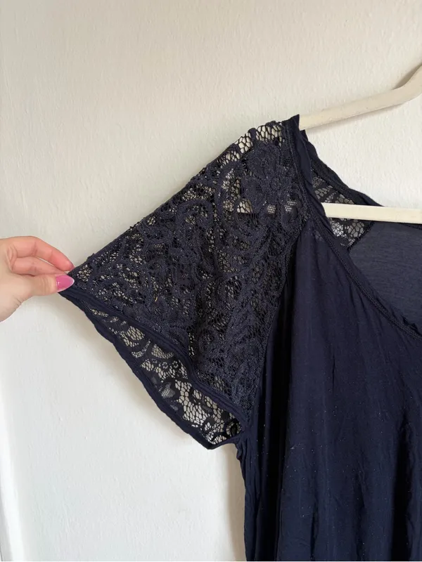 Free People Navy Lace Sleeve Blouse Top - Image 2