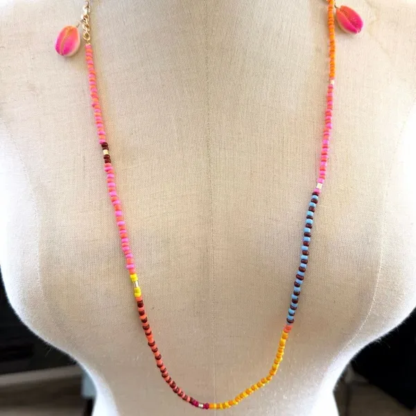 Colorful Beaded Eyeglass Holder Necklace with Cowrie Shells & Faux Pearls - Image 2