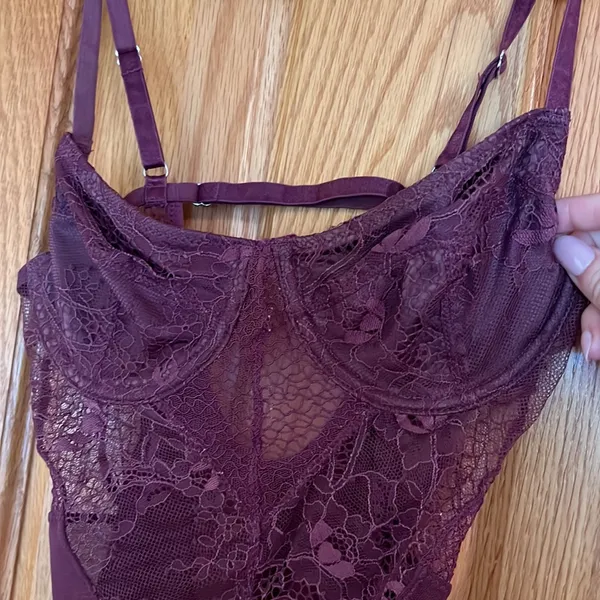 White Fox Boutique Plum Lace Sheer Bodysuit - Image 2