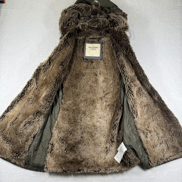Abercrombie & Fitch Womens Hooded Puffer Vest Liner Olive Green Faux Fur Medium - Image 5
