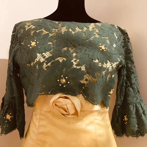 UNBRANDED Hand-Made Vintage 60s Green Lace Yellow Satin Beaded Fitted Dress XXS - Image 5