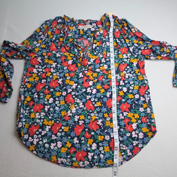 LOFT Womens Floral Ruffle Split Neck Tie Blouse Navy‎ Blue Multi Color Small - Image 9