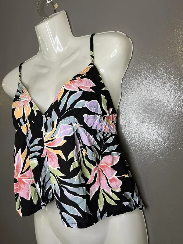 Billabong Tank Top Womens Medium Black Tropical Floral V Neck Strappy Cami - Image 4