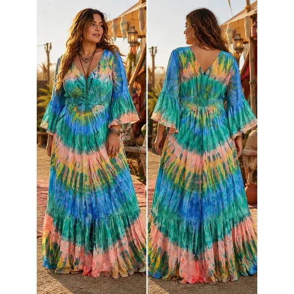 Tie Thai Boho Bell Sleeve Tie Dye Festival Maxi Dress Womens Large Multi-Color - Image 2