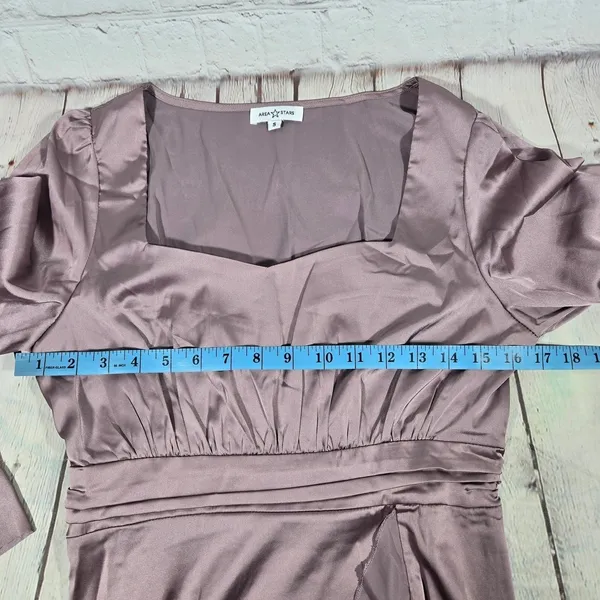 AREA‎ STARS Lavender Satin Ruffle Slit Long Dress Square Neck Long Sleeve S - Image 8