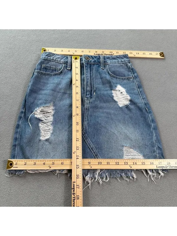 Hollister Ultra High Rise Distressed Denim Mini Skirt Y2K Blue Jean Raw Hem 1 25 - Image 3