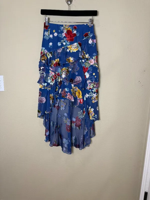 Alice + Olivia Blue Floral Skirt Velvet Burnout Tiered Ruffles Size 0 New NWT - Image 3