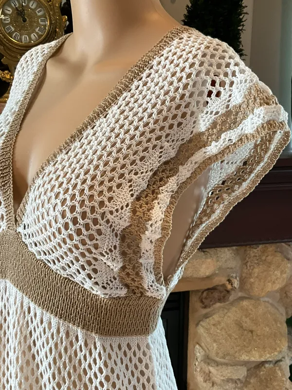 Beautiful White And Tan Beach Cover Up Dress L - Image 4