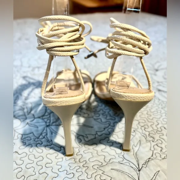 SIMMI LONDON Snake Embossed Cream Square Strappy Lace Up Stiletto Heels Sz 8 - Image 9