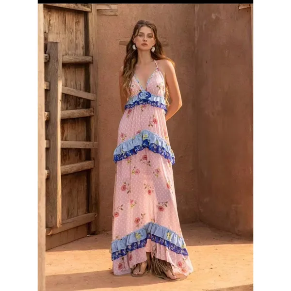 Faeriesty Pink Floral Tiered Halter Maxi Dress Ruffle Cottagecore XL Rose Print‎ - Image 2