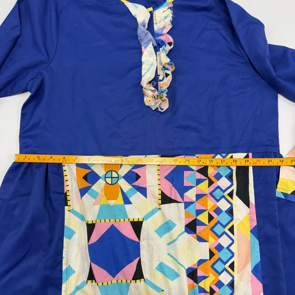 Vintage Geometric Abstract Print Maxi Dress Blue Ruffle Snap Front Long Sleeve - Image 4