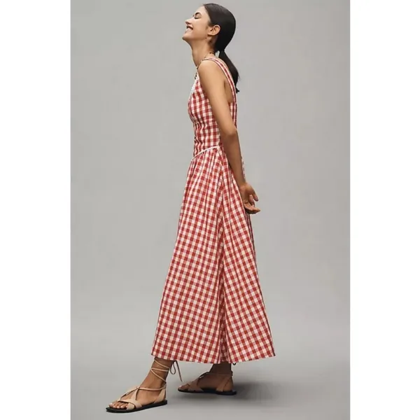 💕WAYF x Styled Coco!💕 Gracie Gingham Linen-Blend Midi Dress Red Gingham XL NWT - Image 4