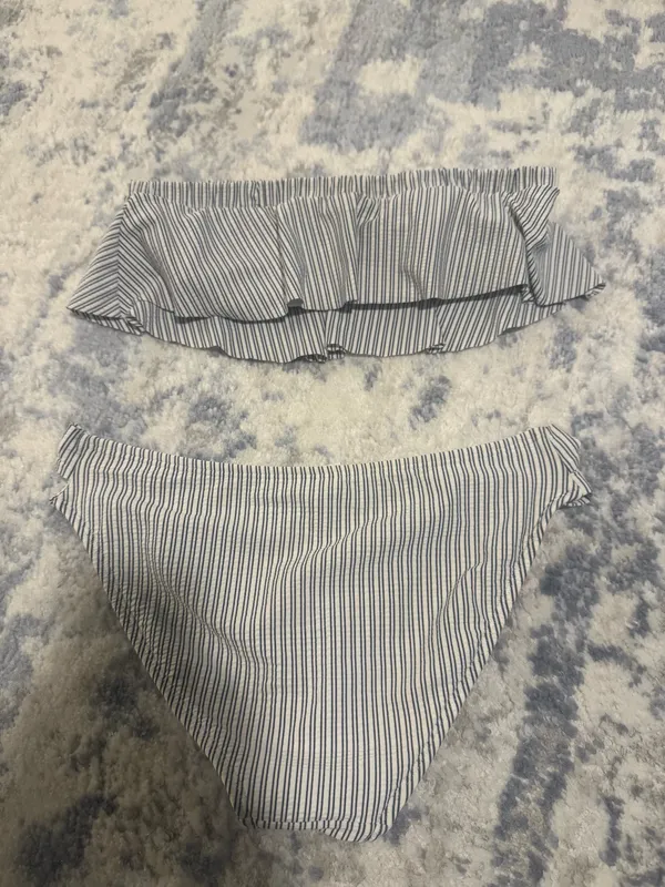 Striped Bandeau Bikini Set in White and Navy - Image 2