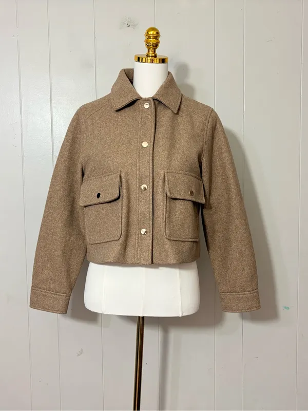 Zara Cropped Wool Look Utility Jacket Beige Camel Button Front Size Small - Image 2