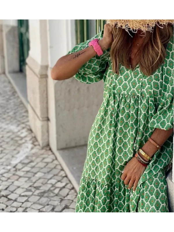 NEW 3/4 Sleeve Midi Fall Dress Boho Pleated V Neck Ruffled L - Image 2