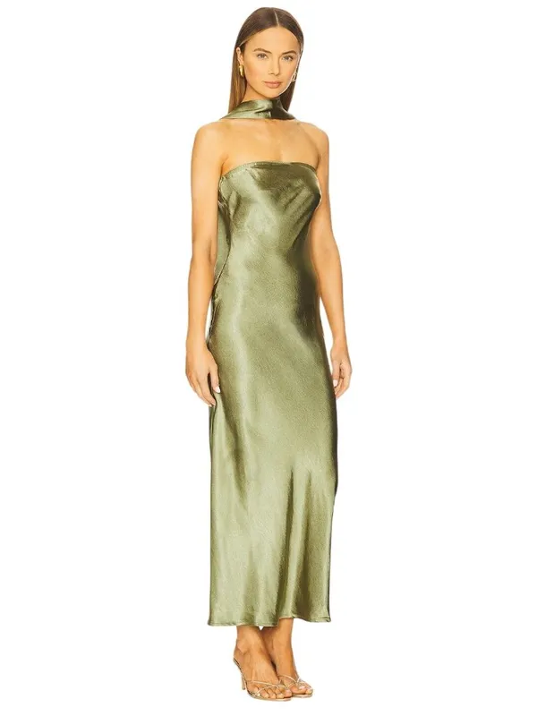 SNDYS Angelina Neck Tie Maxi Dress in Olive XXSmall as-is Womens Satin Long Gown - Image 4