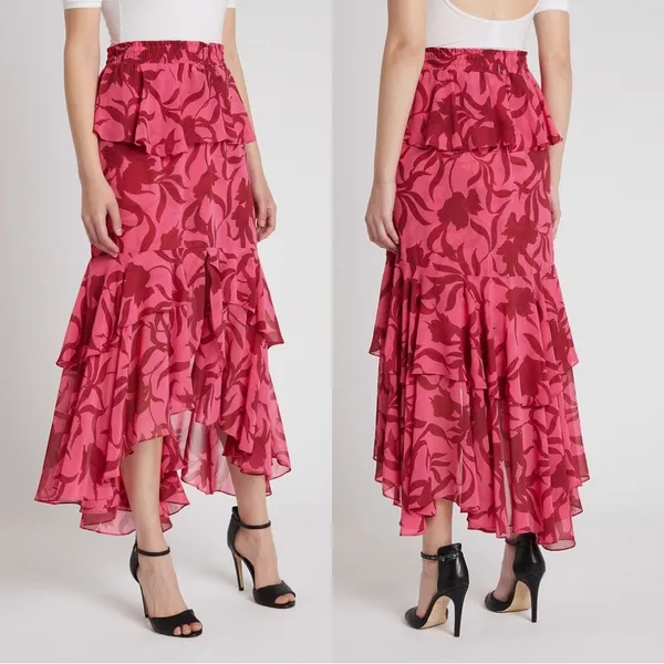 MISA Los Angeles Kalani Skirt Graphic Floral Pink Red Midi Skirt Small - Image 2
