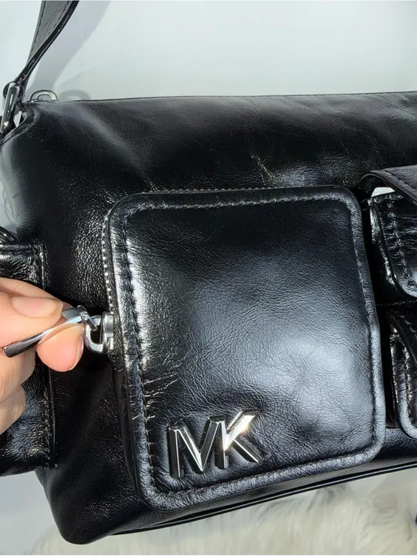 Michael Kors Black Leather Messenger Bag with Front Pocket Details - Image 5