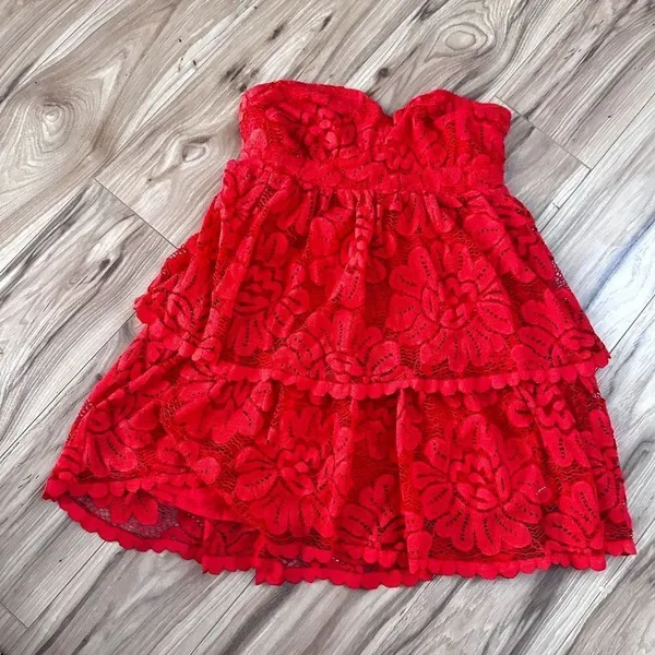 MAEVE x ANTHROPOLOGIE | Strapless Layered Mini Dress Lace Red Orange | Small - Image 3