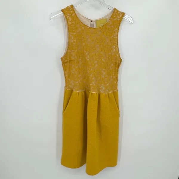 Anthropologie Maeve mustard yellow dress lace overlay sleeveless fit & flare M - Image 3