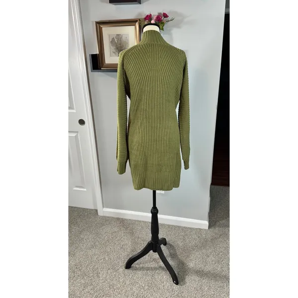 Olive Green Mock Neck Ribbed Knit Sweater Dress Long Sleeve Raglan L - Image 2