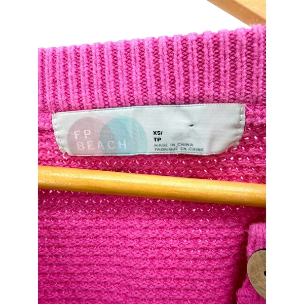 FP‎ Beach Free People Hot Pink Waffle Knit Hailee Henley Pullover Sweater XS - Image 3