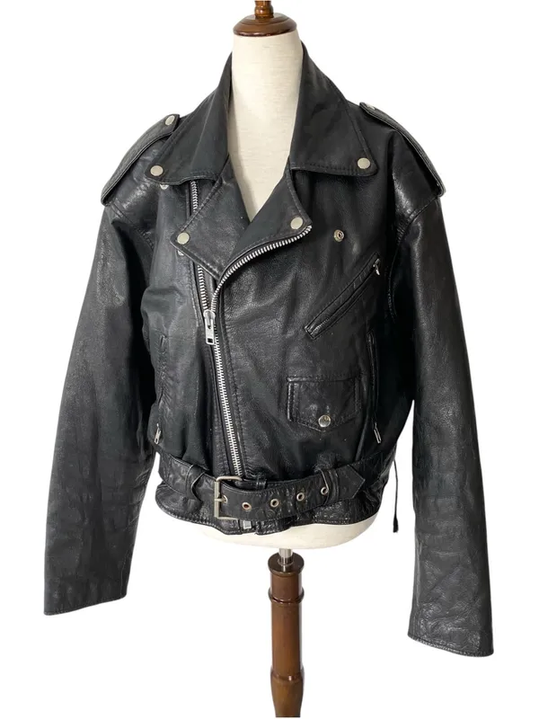 VINTAGE SARAH Black Leather Moto Jacket Size L - Image 4