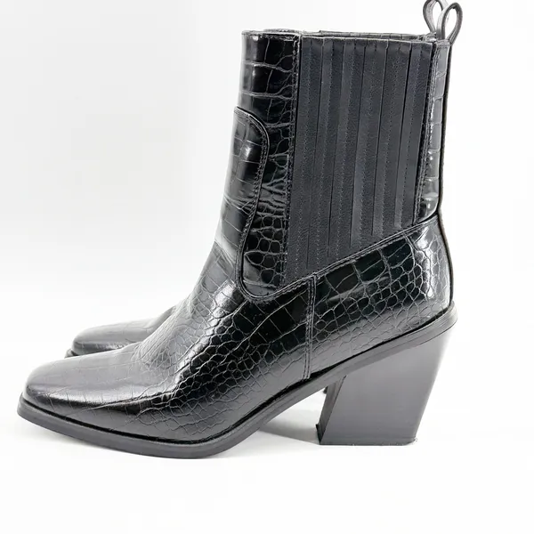Halston Womens Black Croc Embossed Square Toe Block‎ Heel Chelsea Boots Size 8 - Image 3