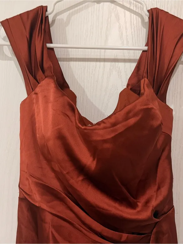 Rust Satin Maxi Dress with Draped Bodice - Women - Image 2