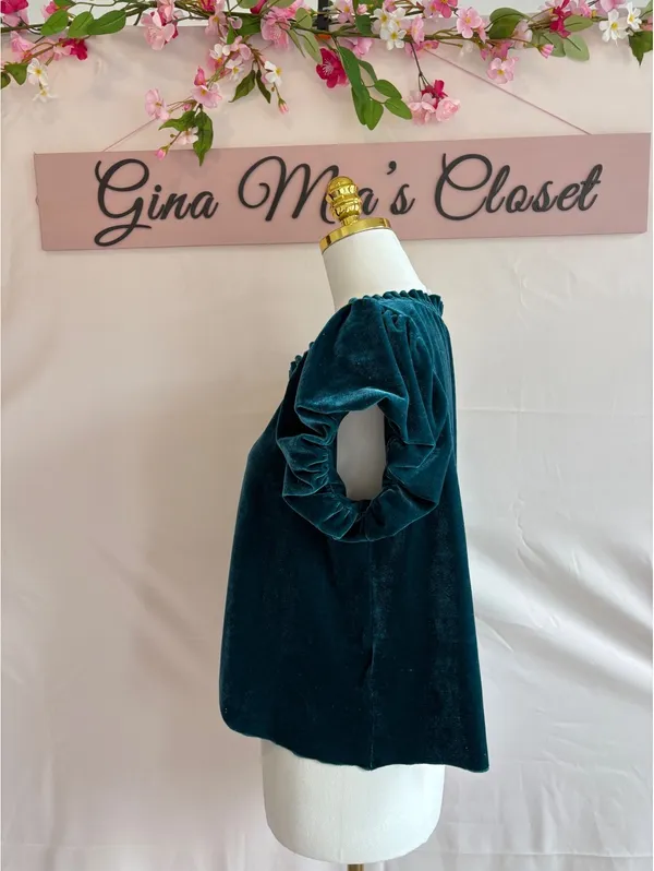 Free People Velvet Puff Sleeve Top in Teal, Size Small - Image 4