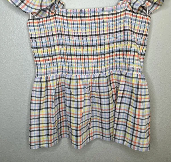 multicolor plaid smocked off shoulder baby doll top size large - Image 4