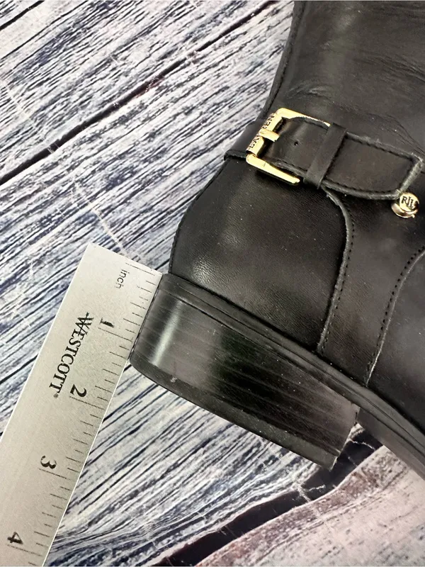Lauren Ralph Lauren Black Leather Knee-High Riding Boots with Buckle Detail - Image 9