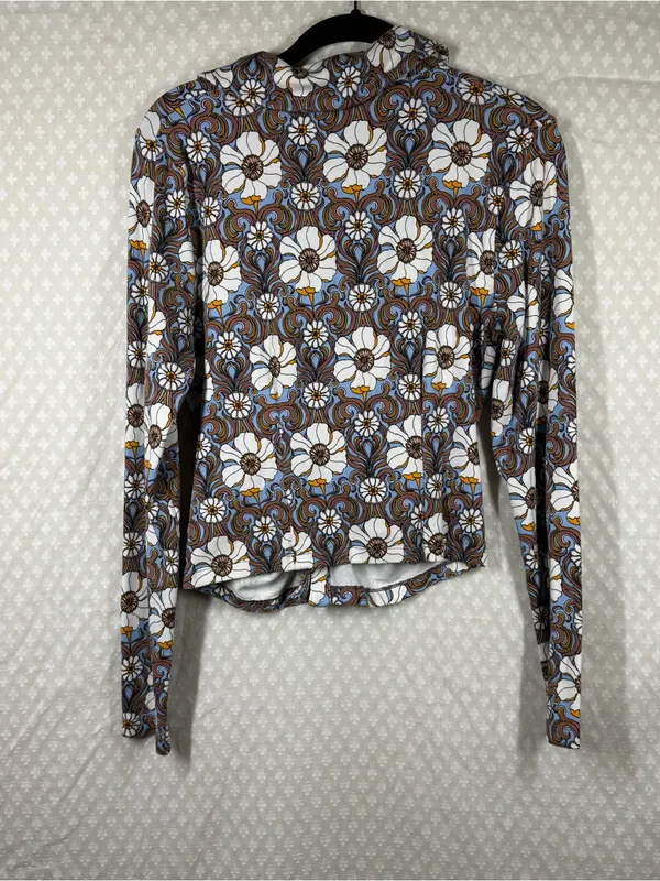 Anthropologie Maeve Blue Brown Retro Floral Button Front‎ Long Sleeve Top - Image 4